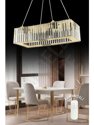 UltraMint Modern 4'lü Gold Kare Yemek Masası ve Taşlı Lüx Avize Takımı