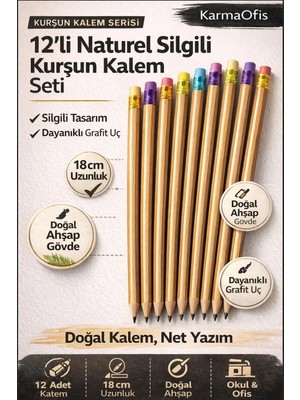 KarmaOfis 12'li Naturel Silgili Kurşun Kalem Hb – 18 cm Doğal Ahşap Okul Ofis Yazı Kalemi