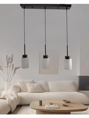 UltraMint Modern 3’lü Beyaz Cam ve Siyah Metal Sarkıt Avize, Şık Dekorasyon Parçası