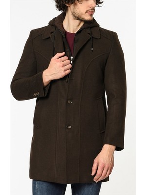 Dewberry Erkek Palto Uzun Kol Yün Polyester Malzemeden Kahverengi Düz Desenli XL Beden Plt8339