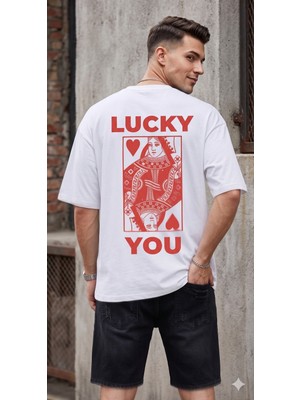 Trendseninle Erkek Beyaz Lucky Youu Baskı Detay Organik Pamuk Örme Oversize Tişört