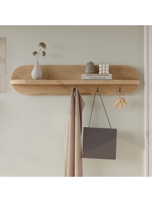 Yurupa Novion Oval Antre Askılığı Duvar Rafı ve Anahtarlık 60 cm Modern Hol Rafı 3 Askılı Sepet Nov2-S
