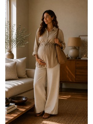 Luvmabelly MYRA4302 – Doğal Müslin Yazlık Hamile Gömlek Bluz - Bej