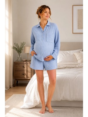 Luvmabelly MYRA9675 –  Mom & After Günlük Doğal Muslin Takım - Bebe Mavi