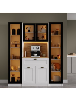 Midoser Nero Duo Kahve Köşesi ve Kiler Dolabı Alüminyum Çerçeveli Cam Kapaklı LED Aydınlatmalı 190 x 160 cm