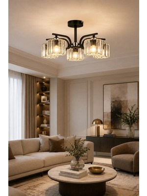 Esslight Nehir 5’li Avize Kristal Taşlı Modern Salon Mutfak Yemek Odası Aydınlatma