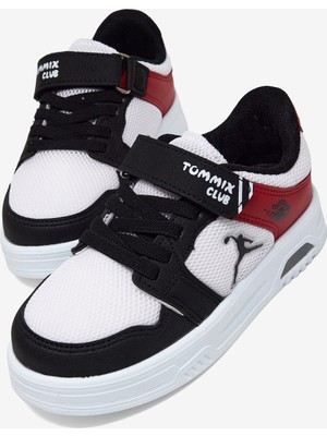 Tonny Black Çocuk Unisex Siyah Beyaz Kırmızı Kauçuk Taban Cırtlı Işıklı Sneaker