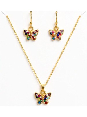 Showy Accessories Renkli Taşlı Kelebek Figürlü Gold Kolye ve Küpe Takı Seti