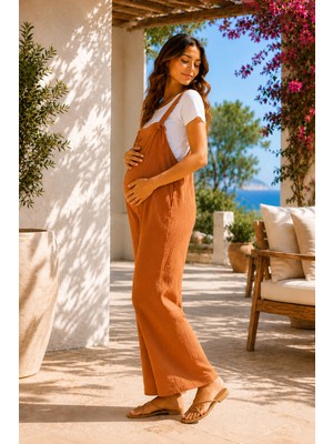 Luvmabelly MYRA6141 – Doğal Müslin Yumuşacık Yazlık Hamile Salopet - Camel