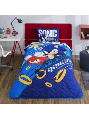 Taç Lisanslı Sonic Mavi Pamuklu Çocuk Yatak Örtüsü Seti (160X230)