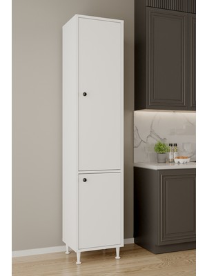 Aeka AE-2028 Soft Beyaz/Beyaz 2 Kapaklı Raflı Dar Yüksek Boy Banyo Çok Bölmeli Depolama Dolabı 40X180 cm Çok Amaçlı Dolap