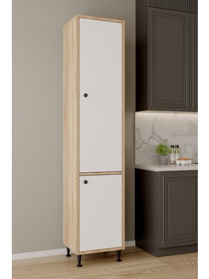 Aeka AE-2028 Soft Sonomo/Beyaz  2 Kapaklı Raflı Dar Yüksek Boy Banyo Çok Bölmeli Depolama Dolabı 40X180 cm Çok Amaçlı Dolap