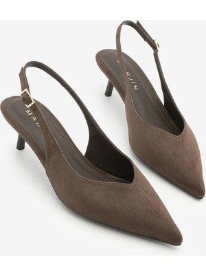 Marjin Kadın Stiletto Arkası Açık Önü Dikiş Detaylı V Yaka Kısa Klasik Topuklu Ayakkabı Orvani Kahve Süet