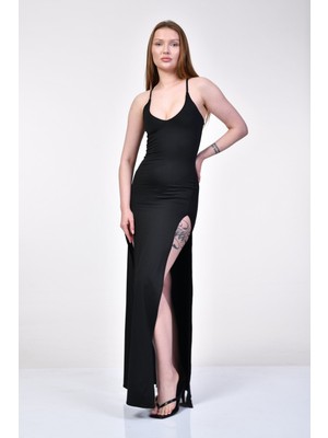 Big Fashion Çift Yırmaç Mikro Uzun Elbise  - Siyah Siyah - L