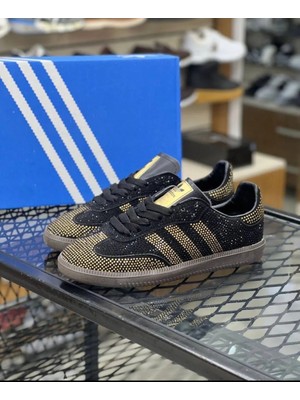 Evlium Adidas Samba Siyah Altın Taşlı Spor Ayakkabı