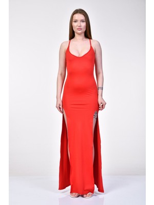 Big Fashion Çift Yırmaç Mikro Uzun Elbise  - Kırmızı Kırmızı - S