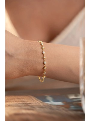 Nereze 925 Ayar Gümüş Gold Kaplama Sıralı Yıldız Model Bileklik