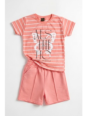Joy Kids Kız Çocuk Kelebek Baskılı Çizgili Günlük Takım (3-10YAŞ) (Şeker Pembe)
