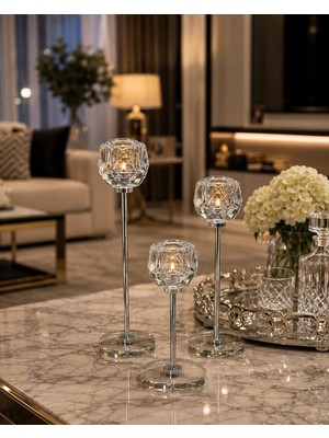Şahane Home 3 Lü Kristal Gül Şamdan-Gümüş