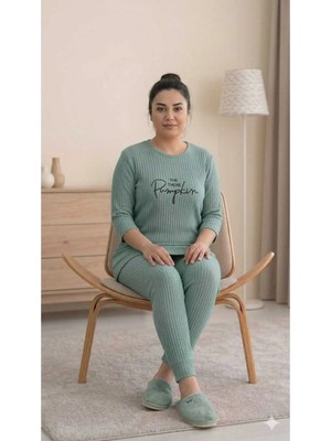 LXL Kadın Büyük Beden Fitilli Rahat Pijama Takımı Ev Giyim