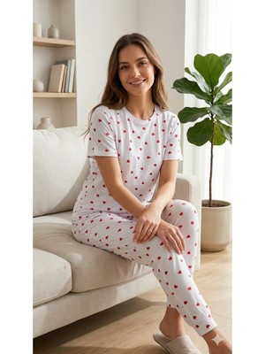 LXL Kadın Beyaz Kalp Desenli Yazlık Pijama Takımı