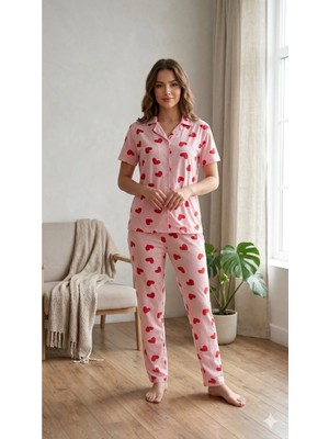 LXL Kadın Peme Kalpli Gömlekli Pijama Takımı Ikili Takım