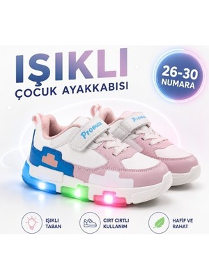 Promax Çocuk Işıklı Cırtlı Patik Spor Ayakkabısı 26-30 Beyaz Pembe