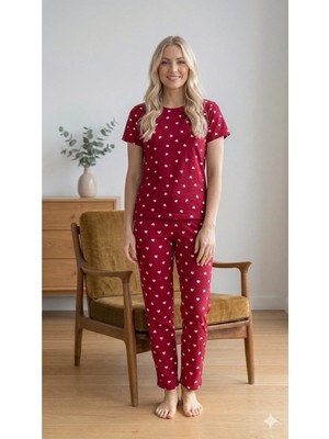 LXL Kadın Kalp Desenli Kırmızı Pijama Takımı