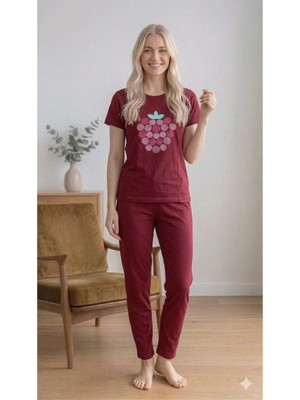 LXL Kadın Çilek Baskılı Ordo Pijama Takımı Alt Üst Takım