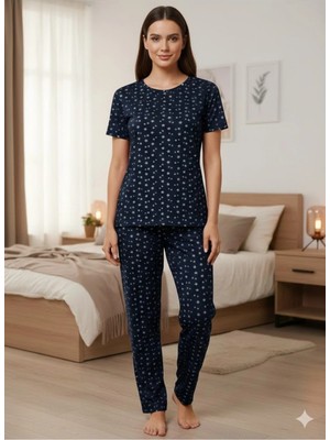LXL Kadın Yazlık Kısa Kol Lacivert Yıldızlı Pijama Takımı