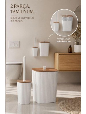 Okyanus Home Safir Yapışkanlı Wc Fırçalık ve Çöp Kovası Seti Beyaz Due 2'li Banyo Seti
