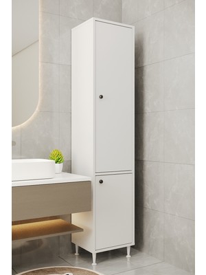 Aeka AE-2028 Soft Beyaz/beyaz 2 Kapaklı Çok Amaçlı Dolap 40X180 cm Raflı Dar Yüksek Boy Banyo Çok Bölmeli Depolama Dolabı