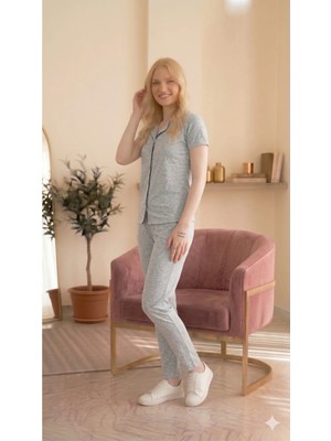 LXL Kadın Gömlekli Rahat Pijama Takımı Ikili Takım