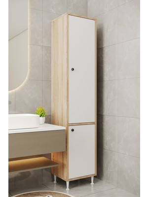 Aeka AE-2028 Soft Sonomo/beyaz 2 Kapaklı Çok Amaçlı Dolap 40X180 cm Raflı Dar Yüksek Boy Banyo Çok Bölmeli Depolama Dolabı
