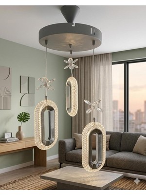 UltraMint Şık Oval Kristal Taşlı LED 3 Renkli Sarkıt Avize Seti