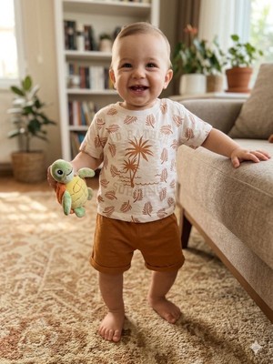 Tuem Baby Erkek Bebek Palmiye Desenli Şortlu Kısa Kollu Yazlık Takım( Ölçüleri Açıklamada)