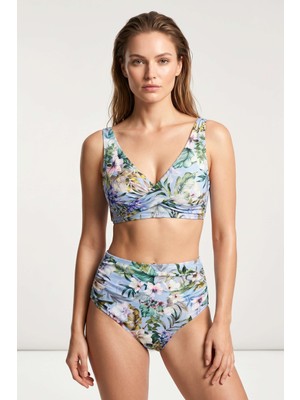 Obje Kadın Mavi Çiçek Desenli Yüksek Bel Bikini Takım