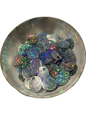 Hobi Dünyası Evim 15 Gram Yandan Delikli Güpür Takı Kumaş Süsleme Pulu Plastik Payet Pul 20MM Boncuk - Renk : Parlak Gümüş Pul