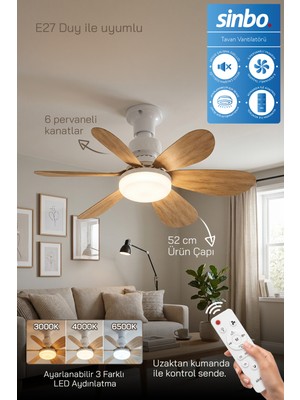 Sinbo SF-7708 3 LED Aydınlatmalı Sessiz Tavan Vantilatörü 6 Kanatlı Uzaktan Kumandalı Modern Tasarım