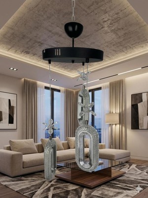 UltraMint Siyah Oval Ledli Modern 3'lü Kristal Avize Seti, Şık ve Zarif Aydınlatma