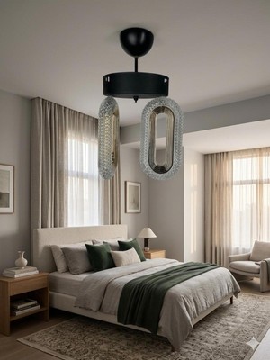 UltraMint Şık Siyah Oval LED Kristal Modern Avize Çift Paketi