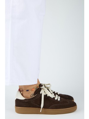 Manijero Krahe Barbella 2 Kadın Hakiki Deri Üç Ayrı Alternatif Bağcıklı Kahve-Ekru Sneakers