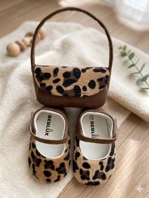 Beblux Baby Leopar Desenli Kız Bebek Ayakkabı Çanta Set