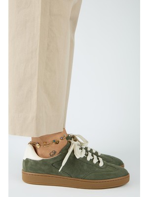 Manijero Krahe Barbella 2 Kadın Hakiki Deri Üç Ayrı Alternatif Bağcıklı Haki-Ekru Sneakers