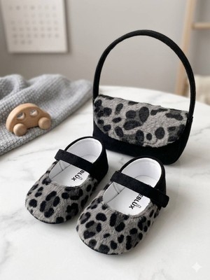 Beblux Baby Leopar Desenli Kız Bebek Ayakkabı Çanta Set