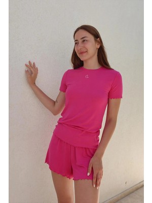 Jaya Viskon Ribana Kısa Şortlu Pijama Takımı / Pembe
