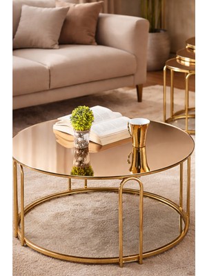 SEDAS LIVING UNITS Bronz Aynalı Metal Ayak Orta Sehpa 70 cm Yuvarlak Cam Üst Yüzey ile Şık Tasarım
