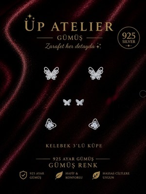 Up Atelier 925 Ayar Gümüş 3 Lü Set Kelebek Model Küpe