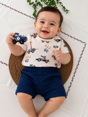 Tuem Baby Erkek Bebek Yarış Arabalı ve Sevimli Hayvanlar Baskılı Şortlu Takım( Ölçüleri Açıklamada)