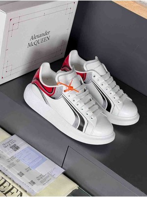 Evlium Alexander Mcqueen Model Beyaz Kalın Tabanlı Spor Ayakkabı - Kırmızı Siyah Çizgi Detaylı Sneaker